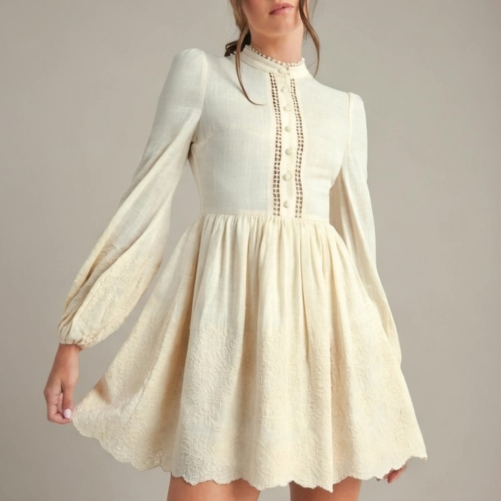 EB Luxe Los Angeles Linen Blend Floral Embroidered Lantern Sleeve Mini Dress Sm